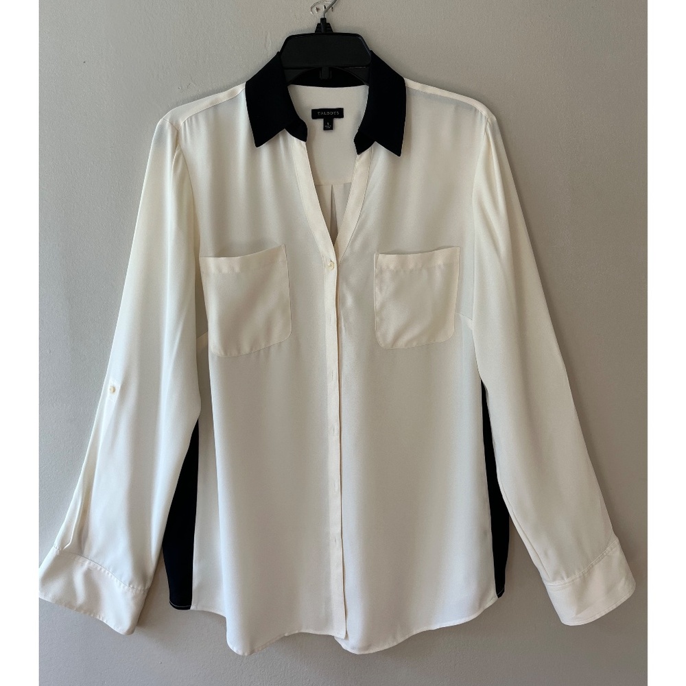 Talbots Sz L Contrast Trim Long Sleeves Blouse Button Down Collared Silky Pocket